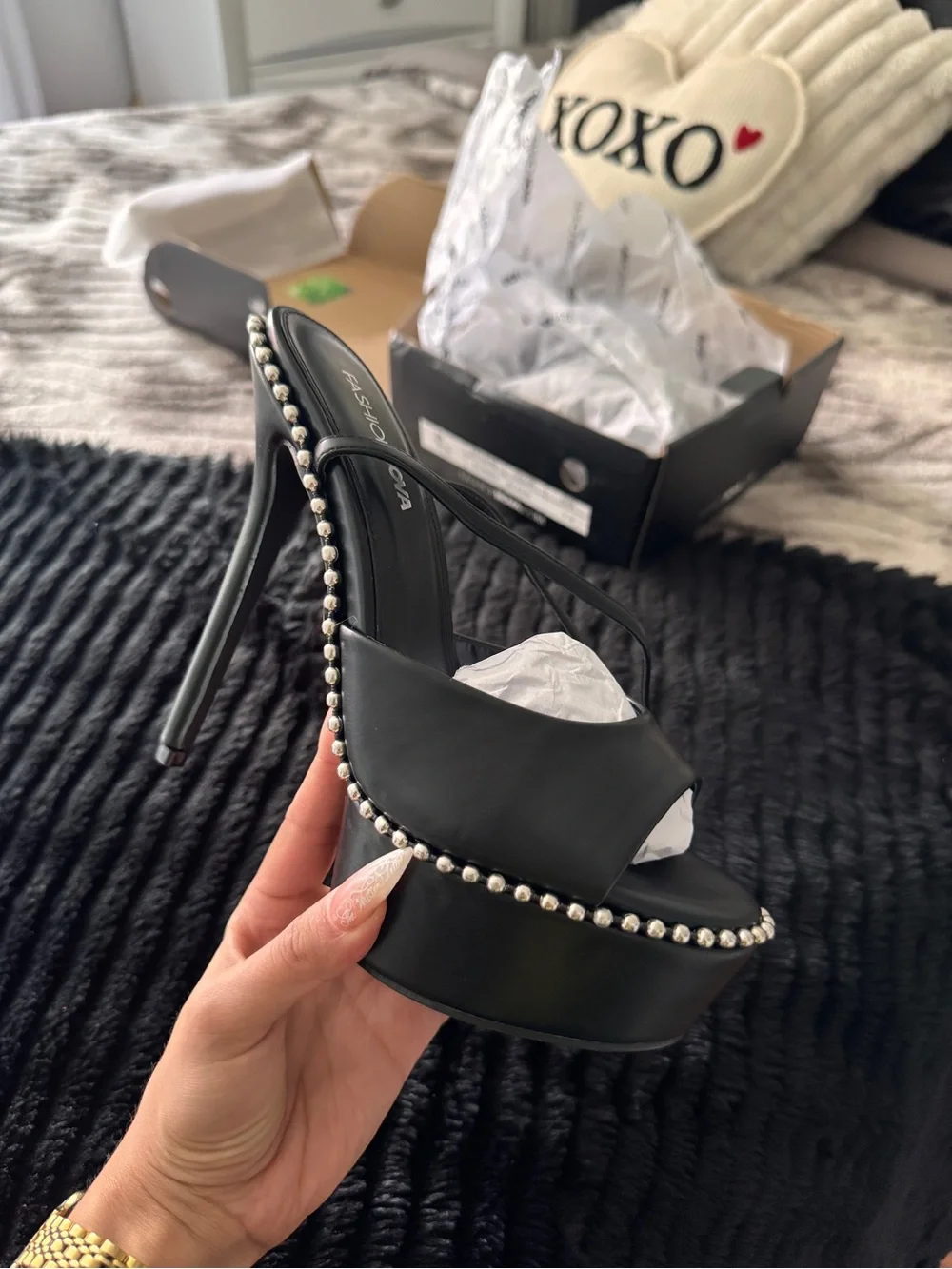 Fashion Nova Black Pearl Trim Platform Stiletto Heels | Women’s Size 7.5 |